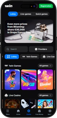 1Win casino section on smartphone, displaying slots and live games interface