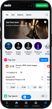 1Win sports betting page on mobile device, with live matches and betting odds