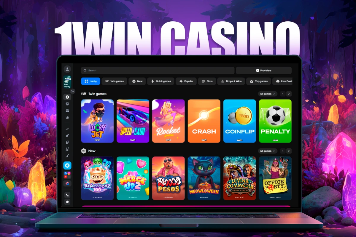 1Win South Africa online casino page on laptop with fantasy magical background and glowing particles