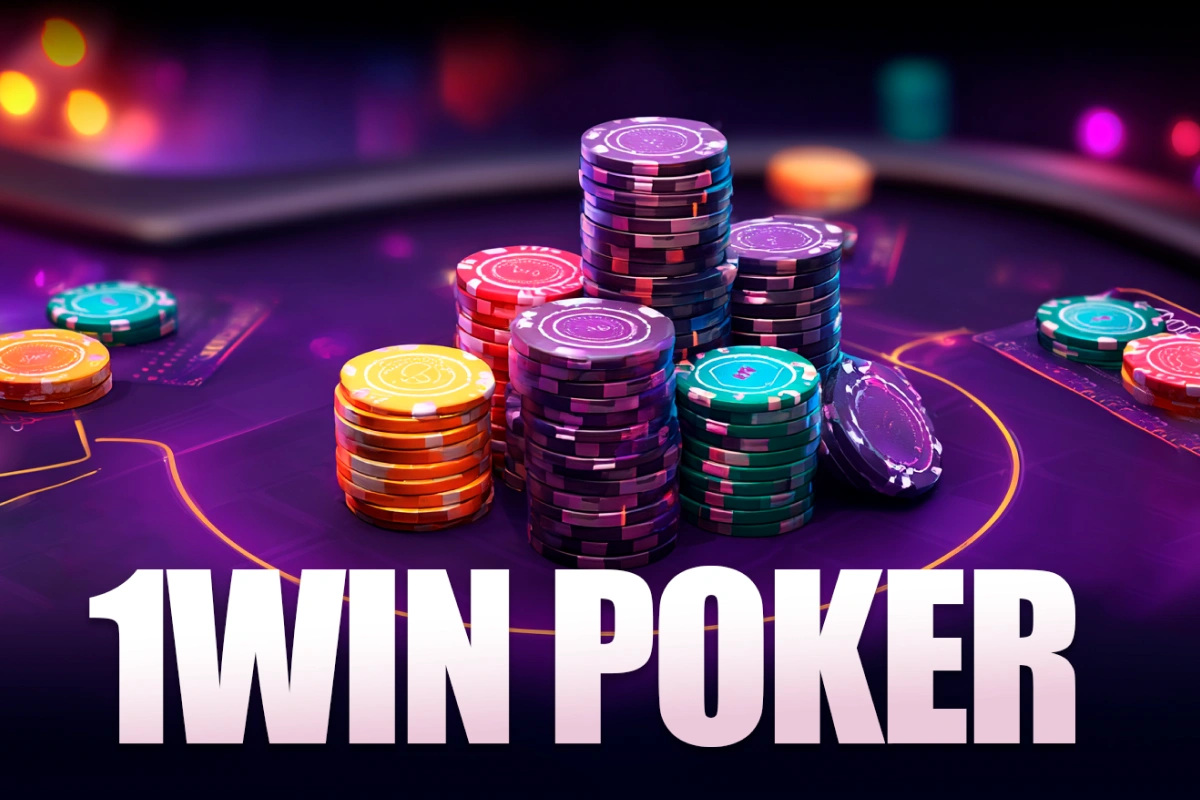 Purple poker table with casino chips representing the poker section of 1Win South Africa