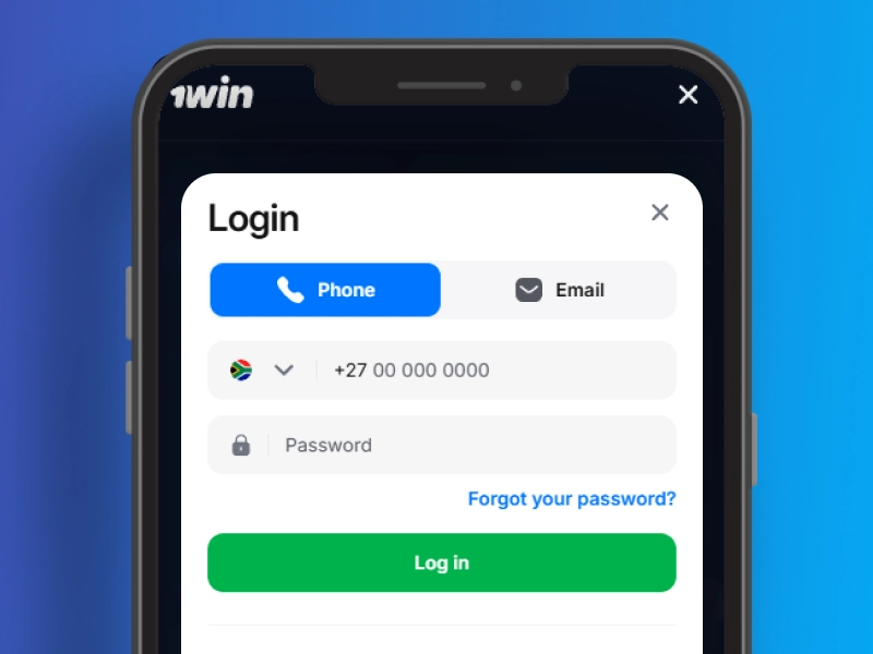 1Win app opened on Android phone login screen