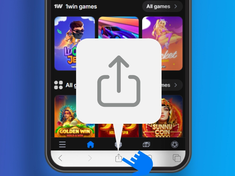 Safari browser share icon highlighted on 1Win website