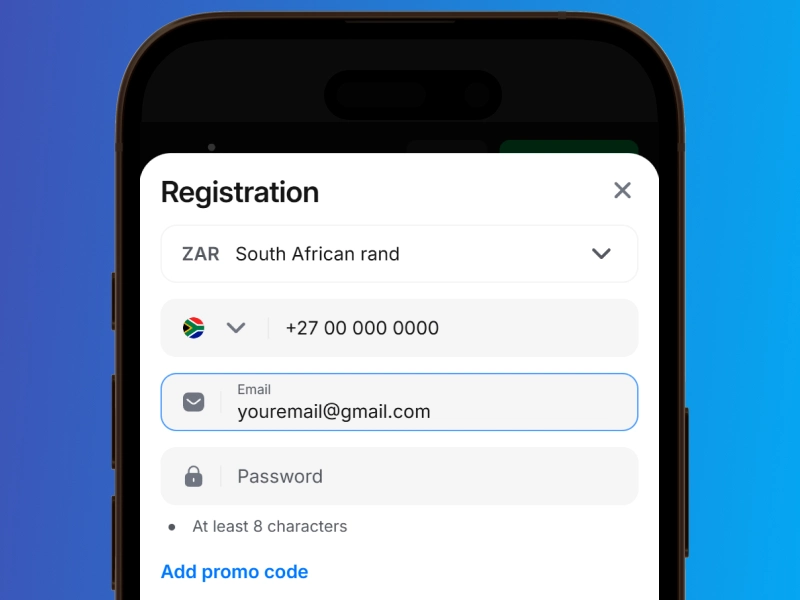 1Win registration form fields for name, phone number, email and currency ZAR