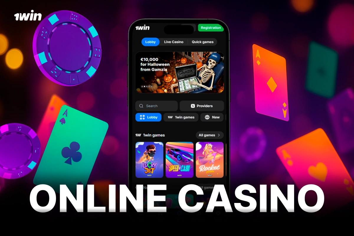 1Win South Africa online casino on phone with playing cards and chips on magical fantasy purple-blue background