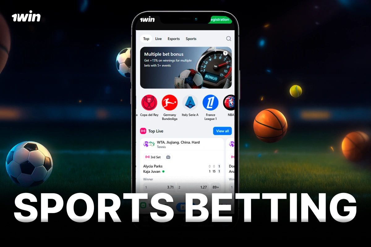 1Win South Africa sports betting app on phone displaying live events, placed on football field with multiple sports balls