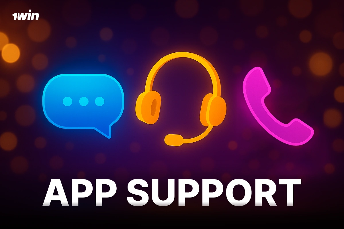 1Win South Africa app support icons including chat cloud, headphones and phone receiver for customer support