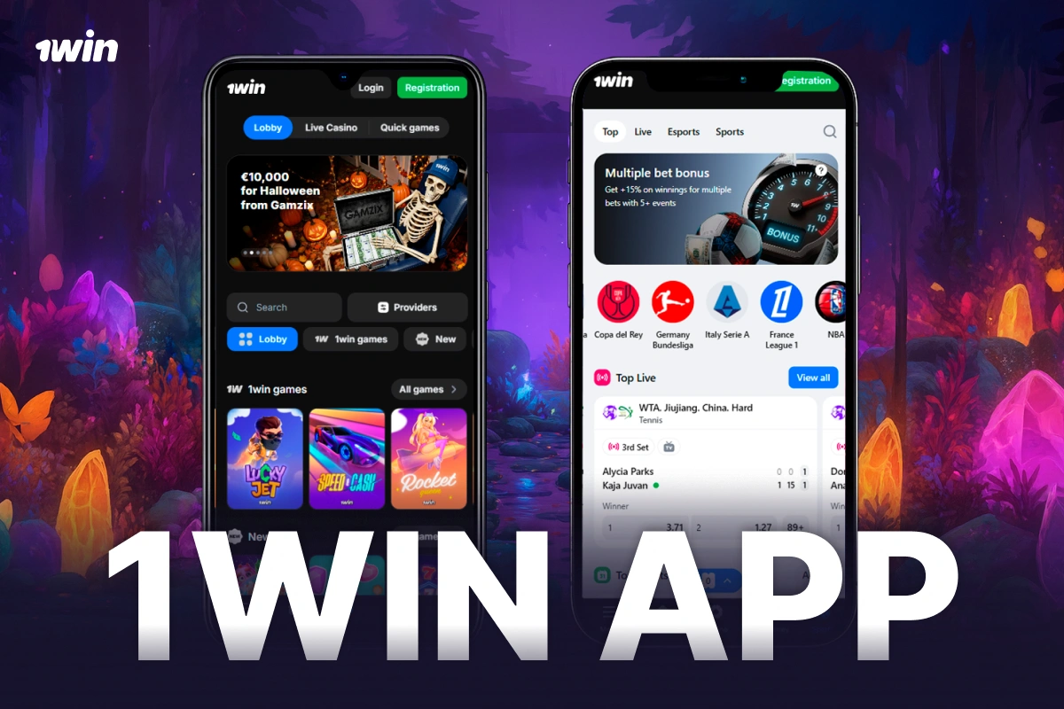 1Win South Africa app on two phones showing casino and sports pages with magical purple-blue background and glowing particles