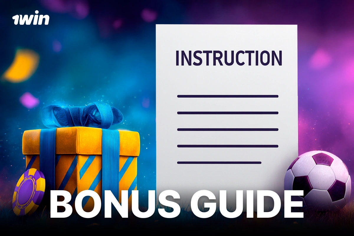 How to use casino bonus at 1Win South Africa shown as gift box alongside instruction sheet 