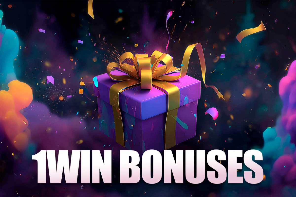 1Win South Africa bonus offers shown with gift box, confetti, and festive atmosphere.