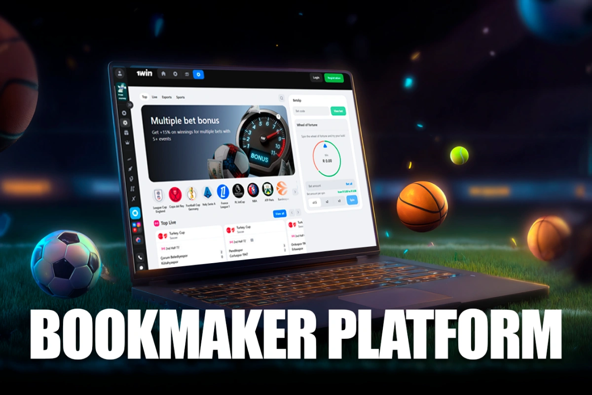 1Win South Africa sports betting platform on laptop placed on football field with multiple sports balls.