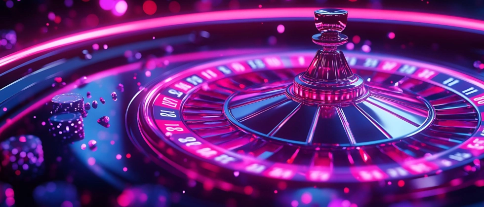 roulette wheel and cards in purple tones symbolizing casino table games