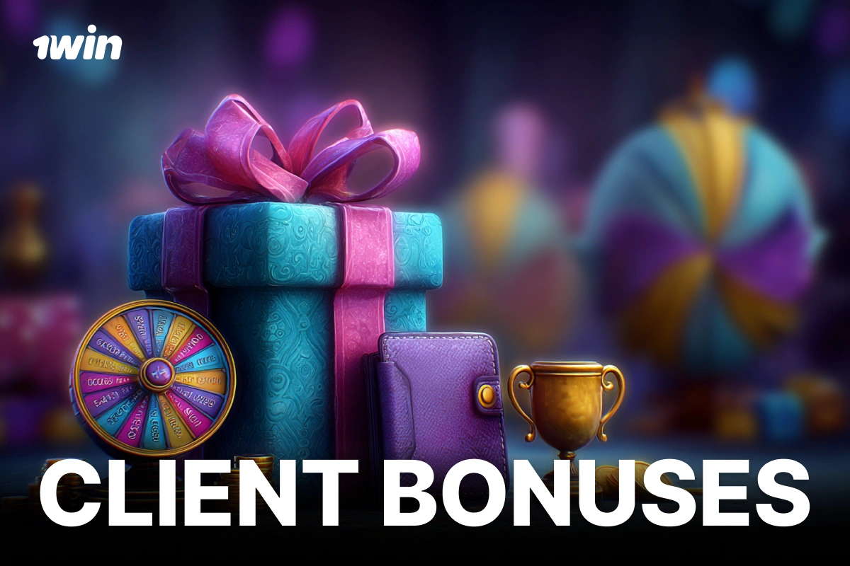 1Win South Africa client bonuses concept with gift box, wheel of fortune, wallet and trophy on purple-blue background