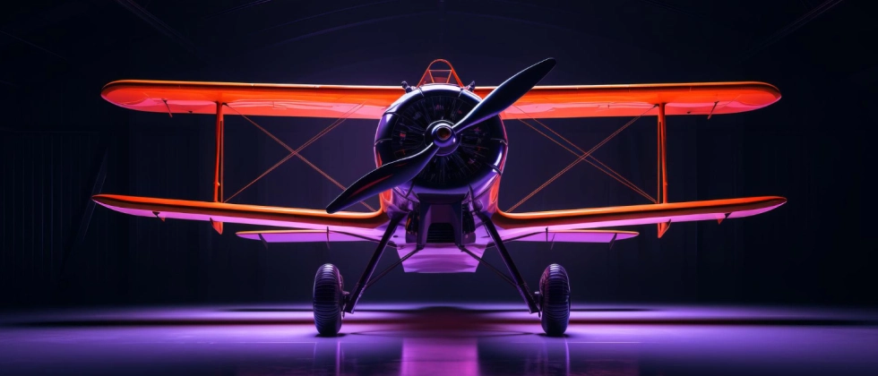airplane flying upward in purple light representing crash game