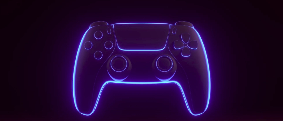 gaming controller glowing in purple neon color on black background