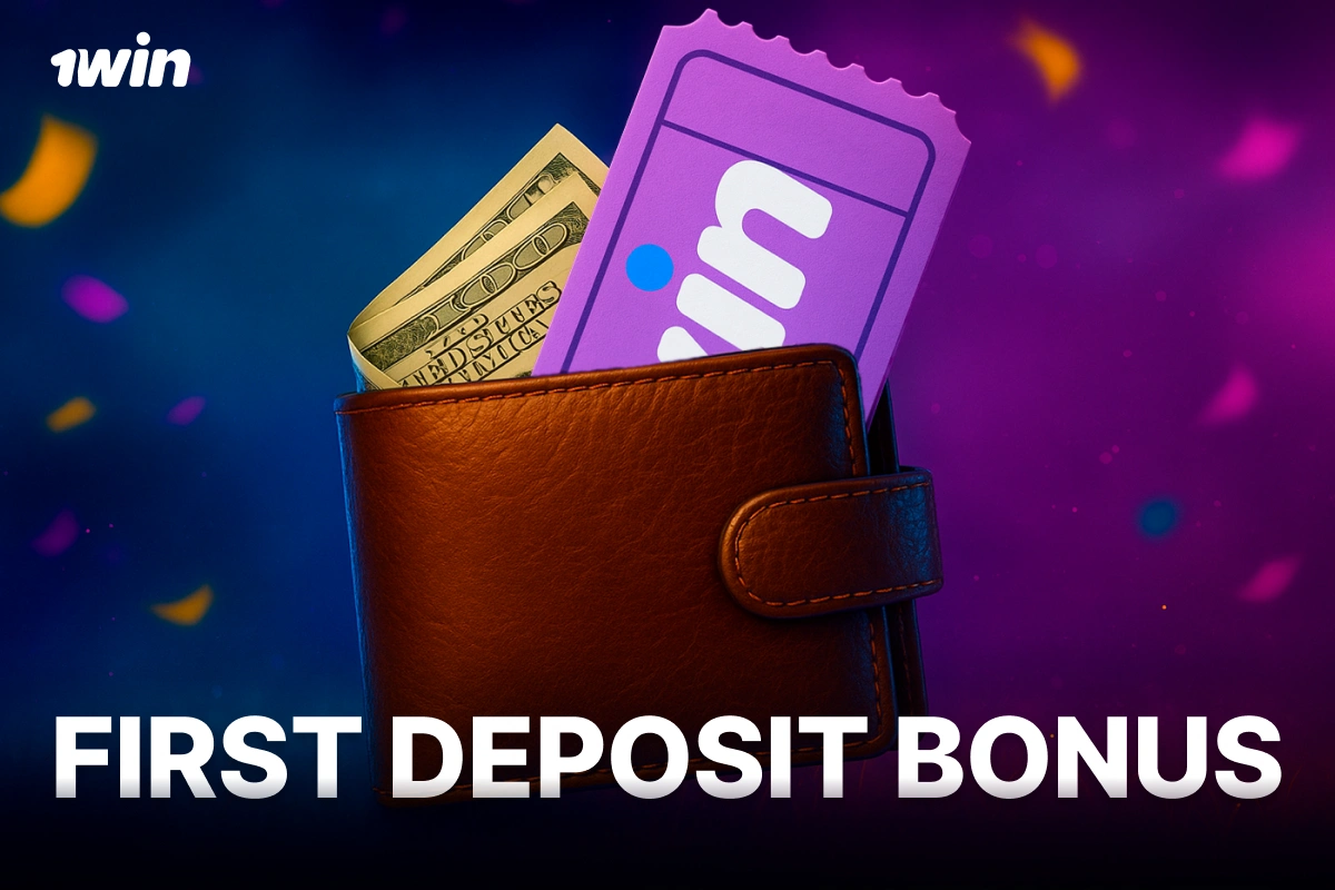 1Win South Africa First Deposit Bonus with wallet full of cash and a coupon tucked inside, glowing background