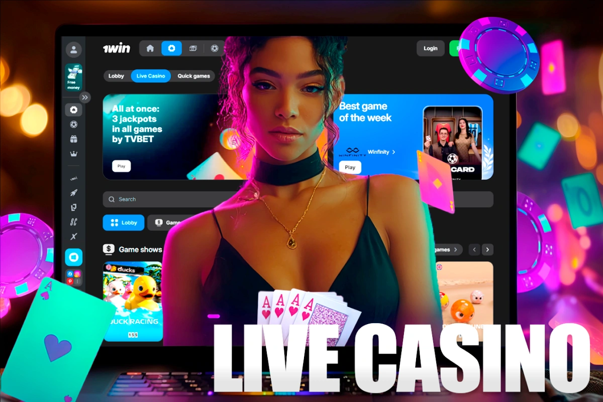 1Win South Africa Live Casino with female dealer, playing cards and chips on magical fantasy background.