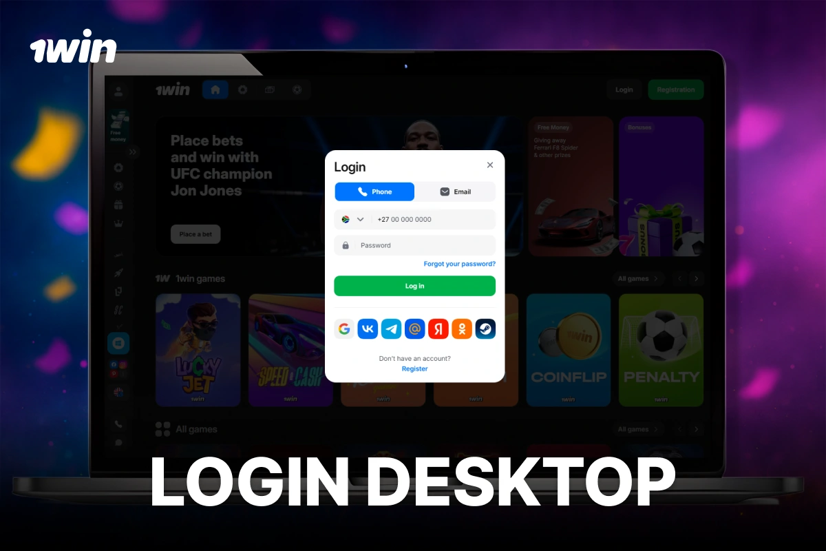 1Win South Africa desktop login displaying official website form on laptop screen