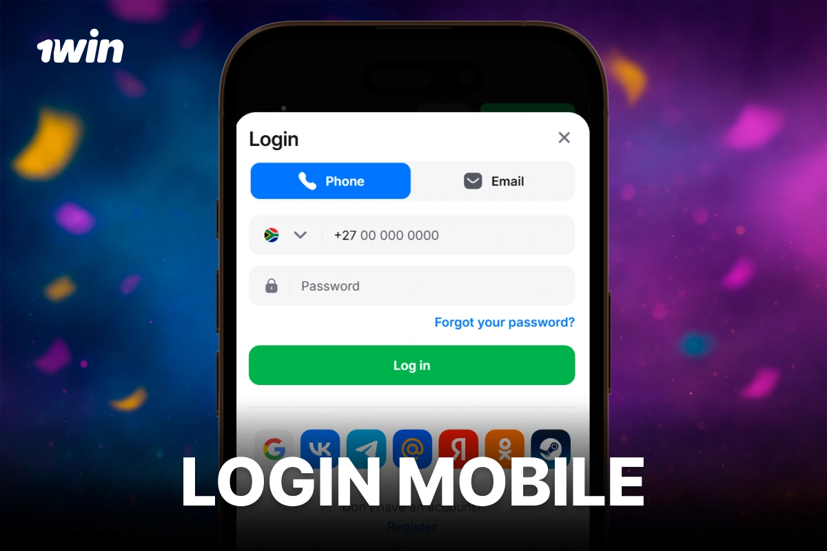 1Win South Africa mobile login showing official website form on smartphone screen