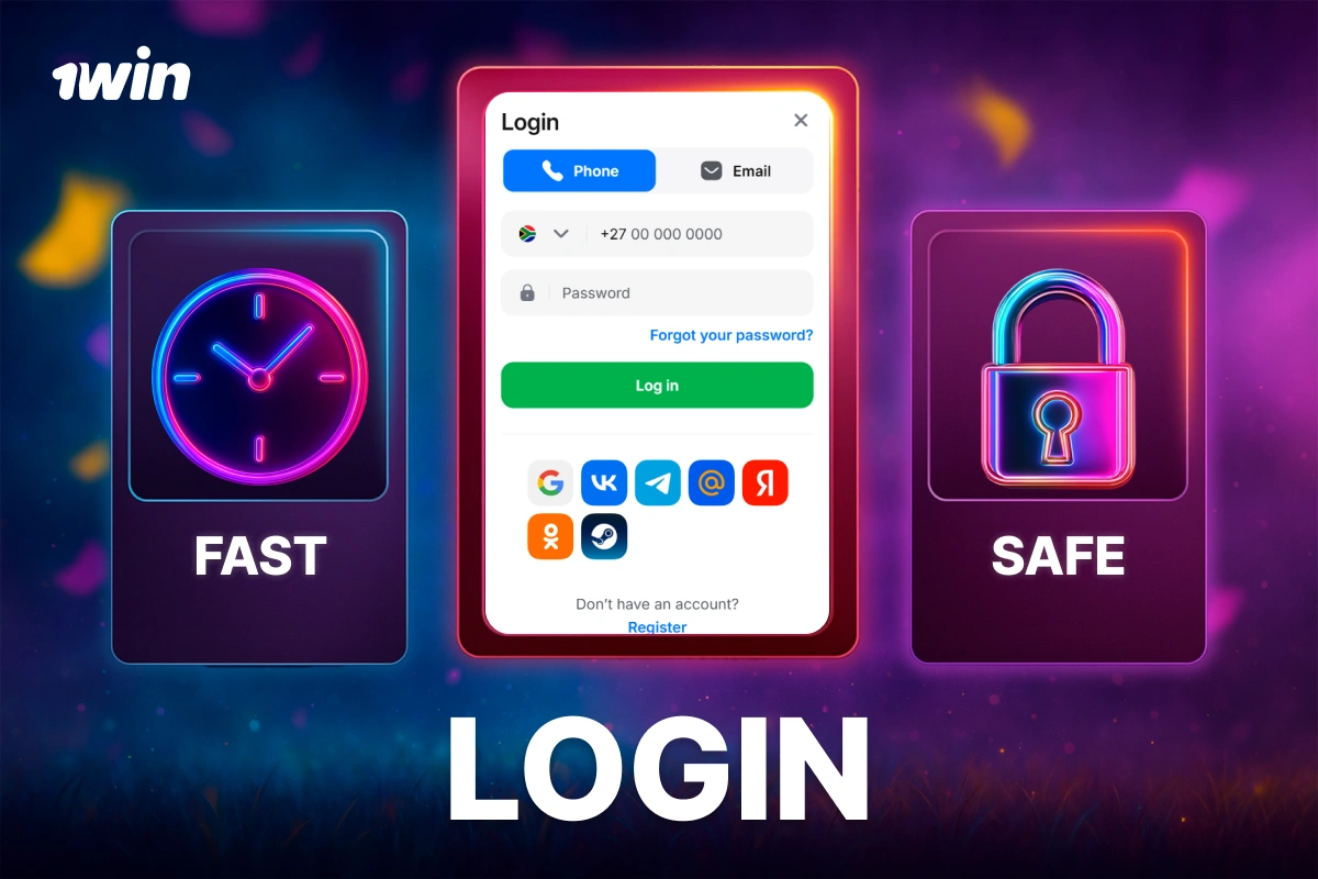 1Win South Africa login process illustrated with three purple cards showing fast access, secure lock, and official login form