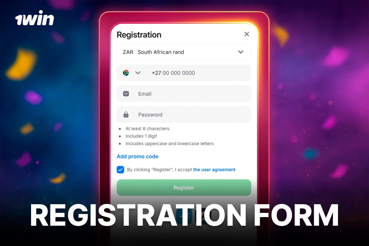 1Win South Africa registration form card showing official sign-up interface on purple background