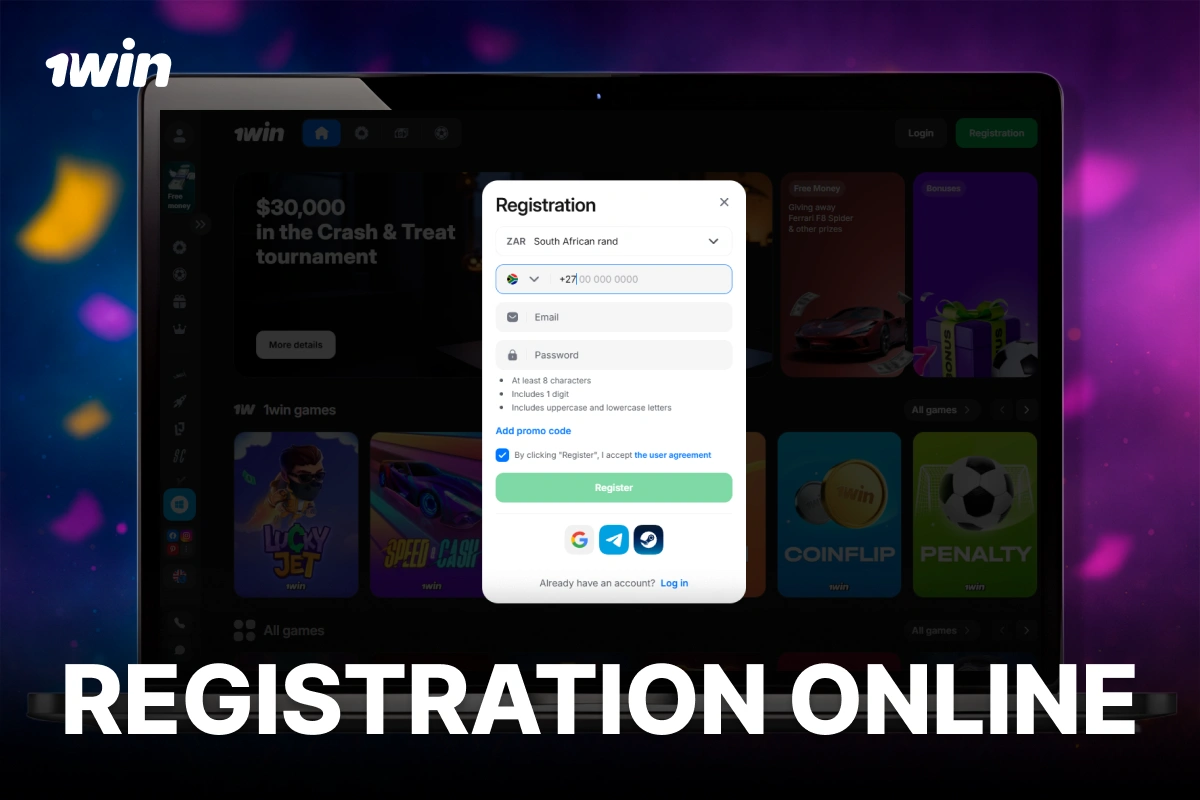 1Win South Africa online registration form displayed on laptop from official website