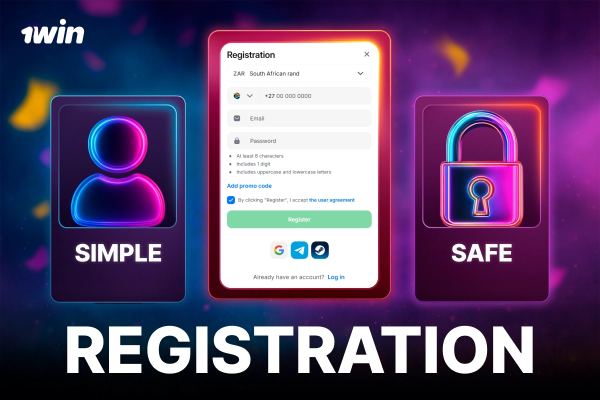 1Win South Africa registration process illustrated with three purple cards showing simple setup, registration form, and secure lock