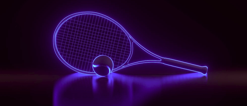 tennis ball and racket highlighted in purple neon light on dark background