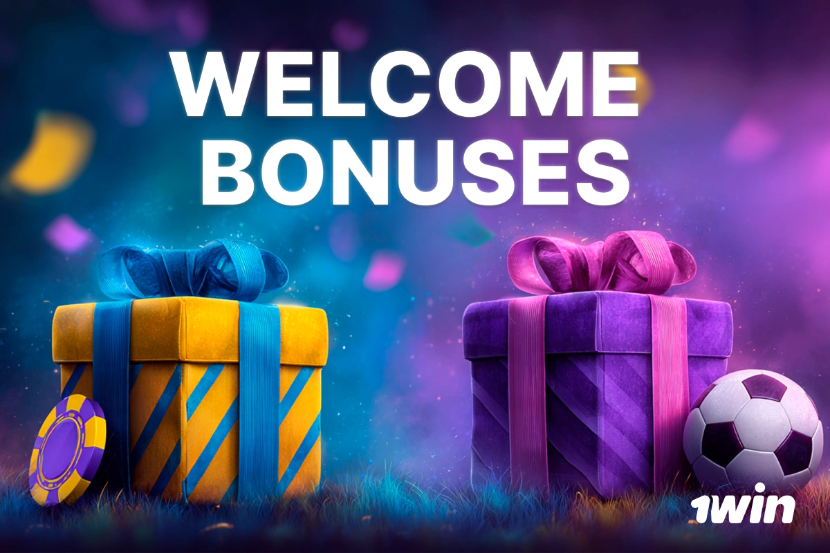 1Win South Africa Welcome Bonus with two gift boxes, one containing a casino chip and one a football, festive confetti