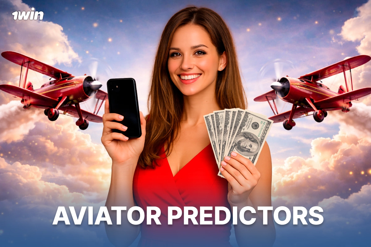 Aviator predictors concept on 1win with mobile phone, cash and airplane background"