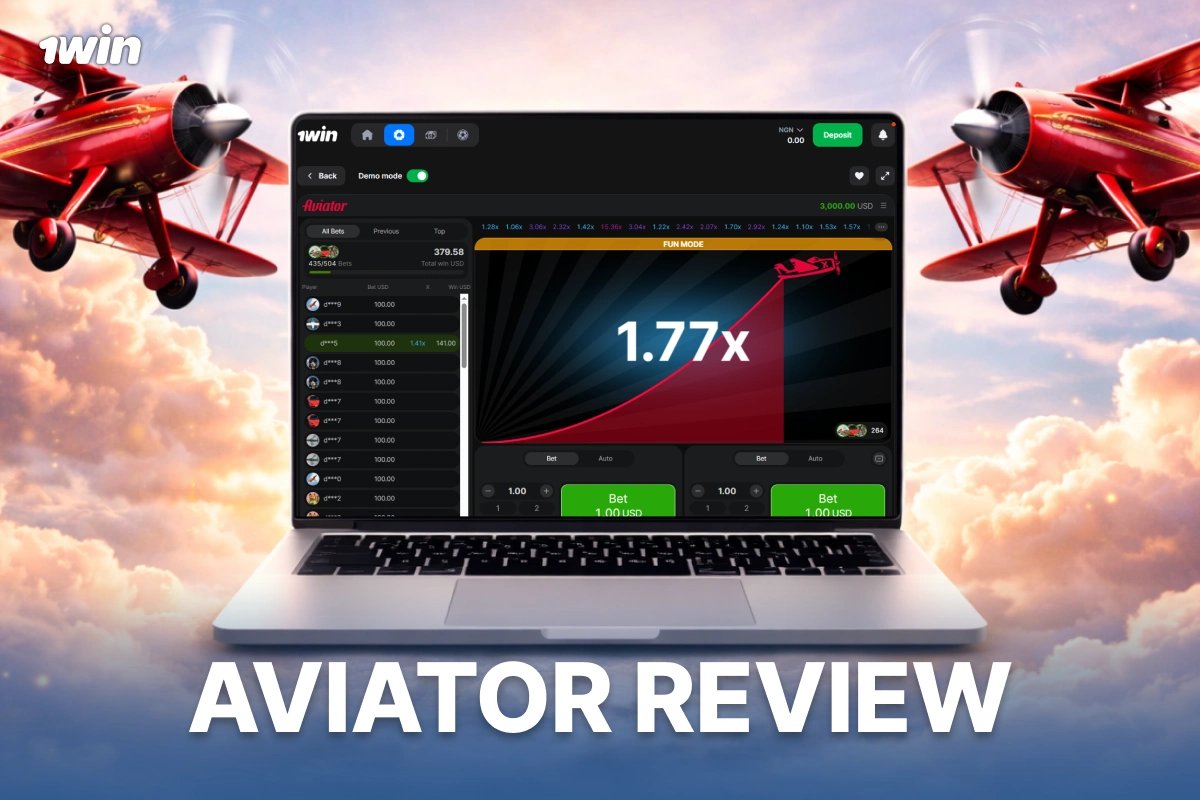 1win Aviator game review showing laptop with live multiplier and airplane theme background