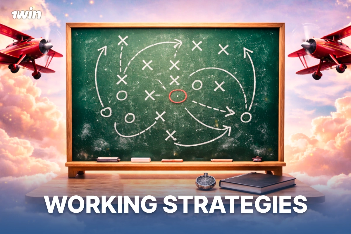Working Aviator strategies on 1win illustrated with tactical board and airplane visuals"