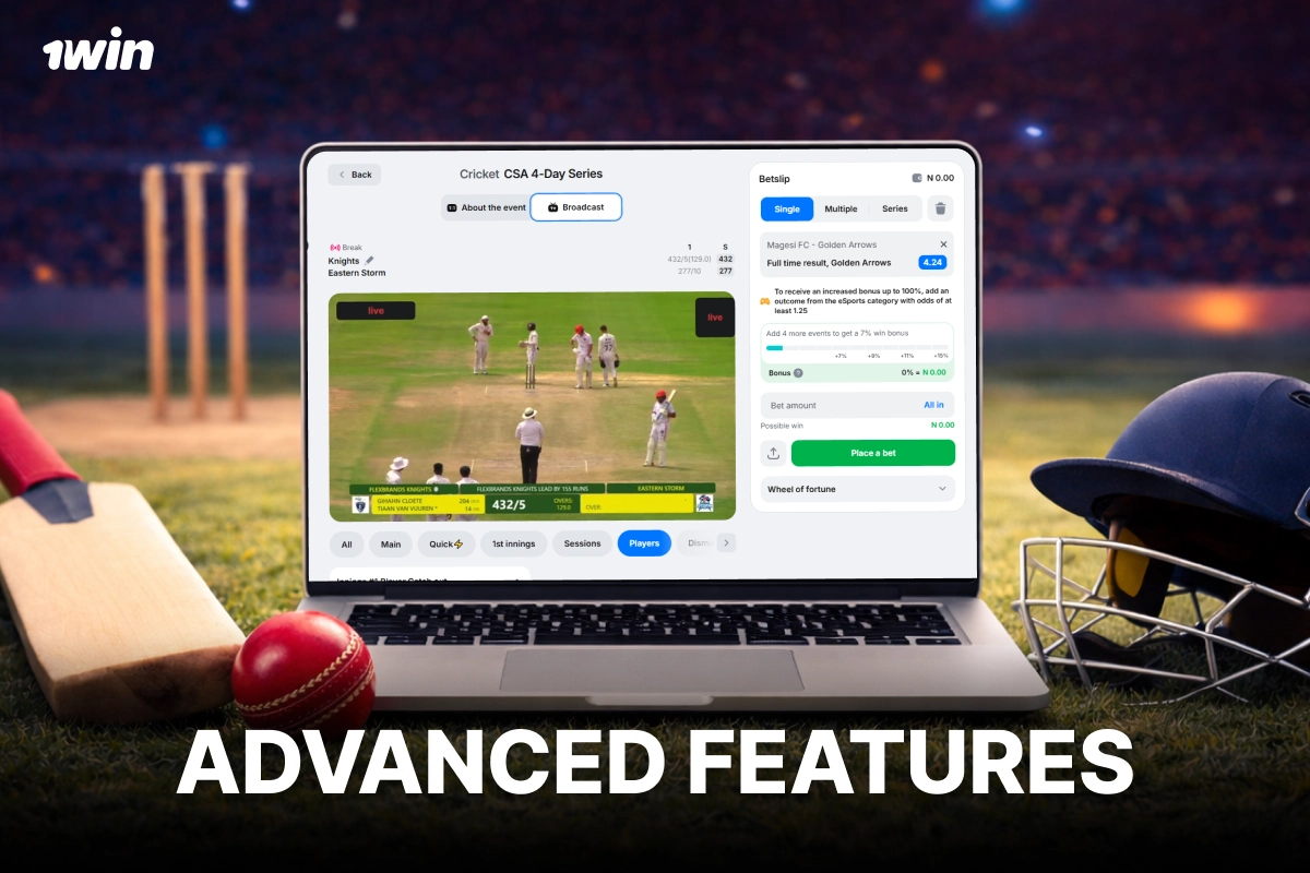 Advanced cricket betting features on 1win displayed on laptop with live match streaming