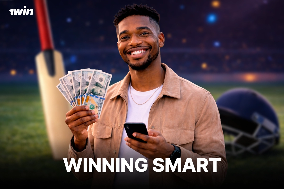 Happy sports bettor holding cash and smartphone using 1win to bet smart on cricket
