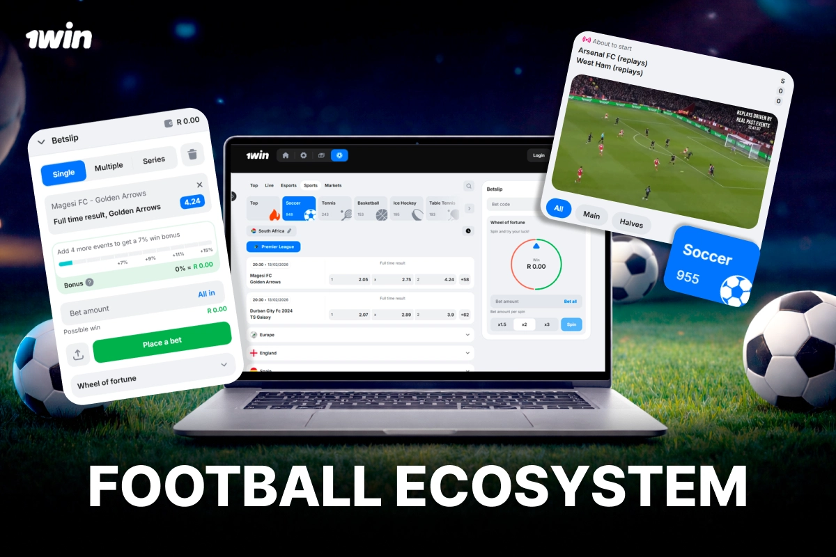 1win football betting ecosystem interface with laptop showing match markets and live odds