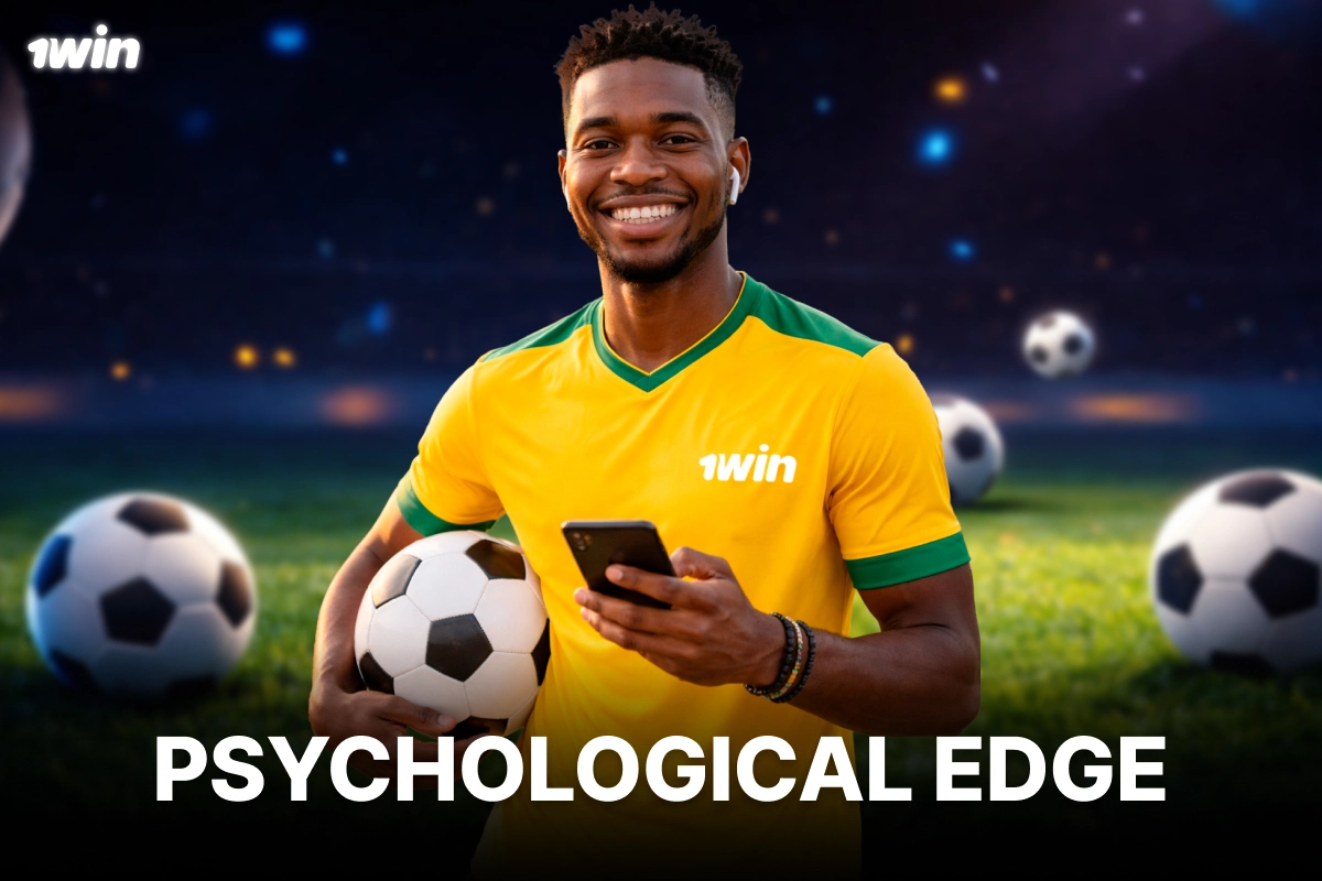 Confident football bettor holding a soccer ball and smartphone using 1win betting platform