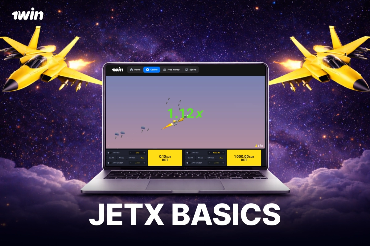 JetX basics on 1win showing laptop interface with multiplier and jet aircraft theme