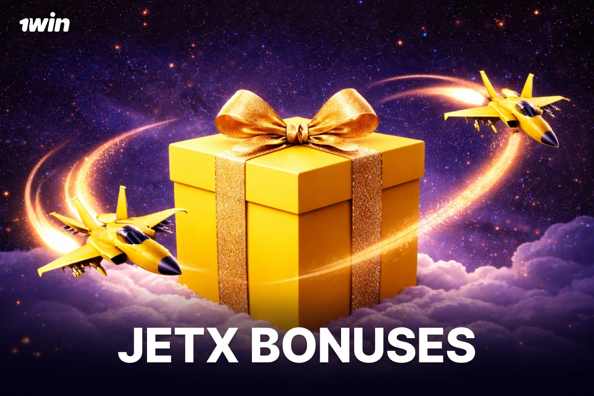 JetX bonuses on 1win represented by gift box with jet aircraft in space background