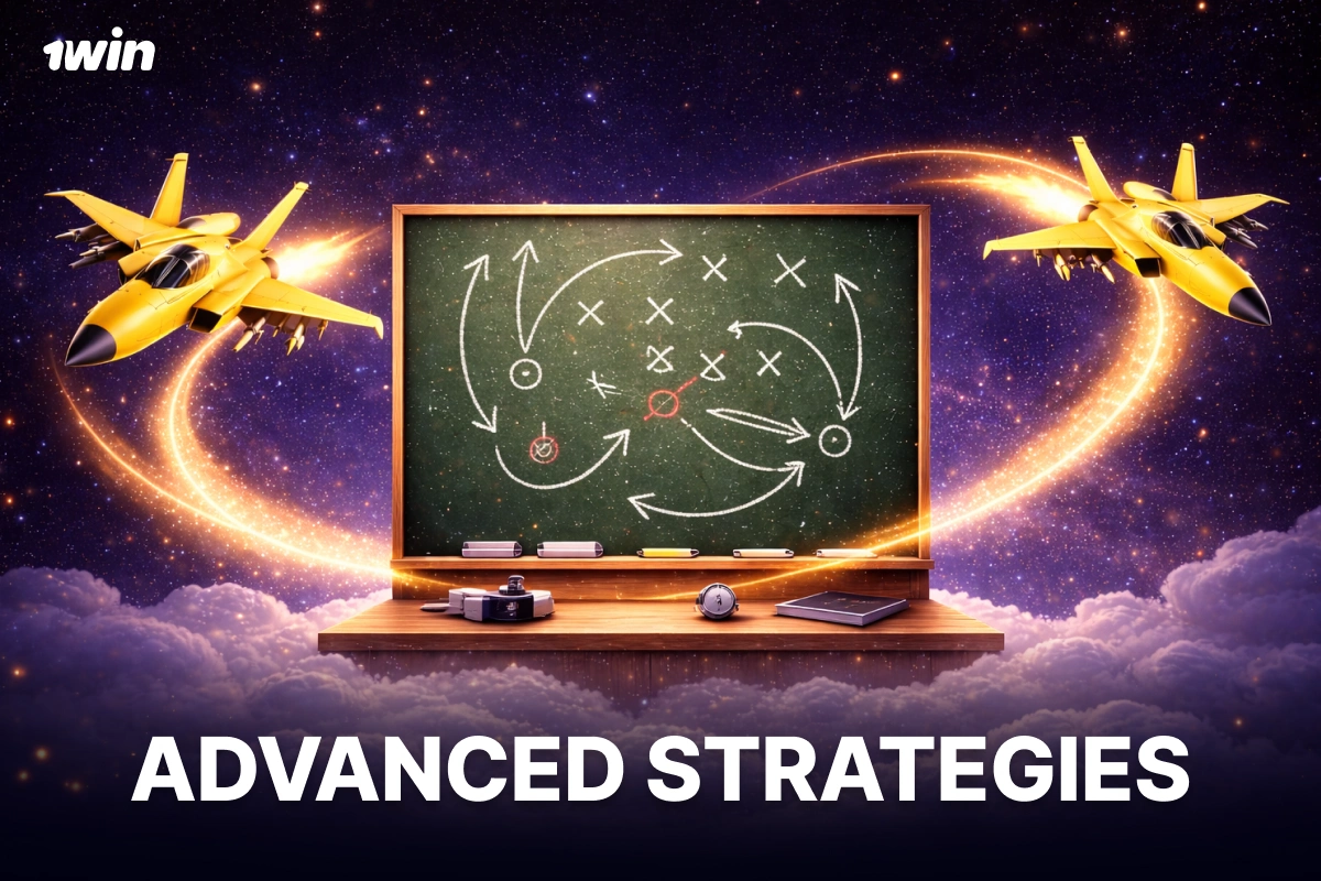 Advanced JetX strategies on 1win illustrated with strategy board and flying jets